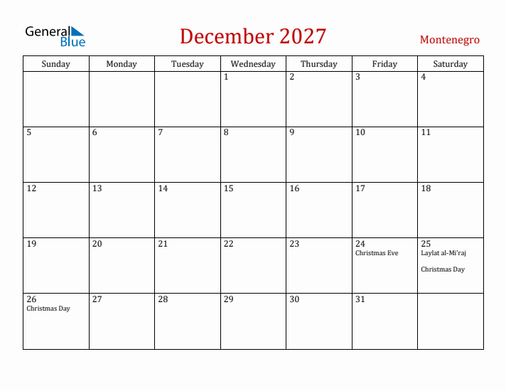 Montenegro December 2027 Calendar - Sunday Start