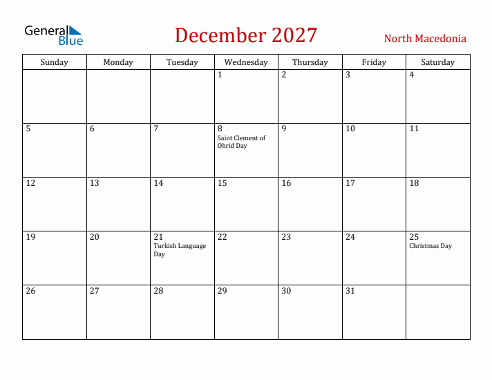 North Macedonia December 2027 Calendar - Sunday Start