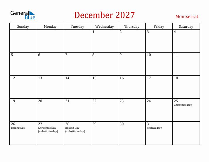 Montserrat December 2027 Calendar - Sunday Start