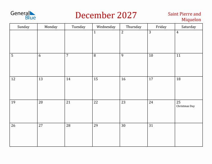 Saint Pierre and Miquelon December 2027 Calendar - Sunday Start
