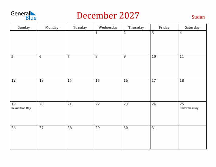 Sudan December 2027 Calendar - Sunday Start