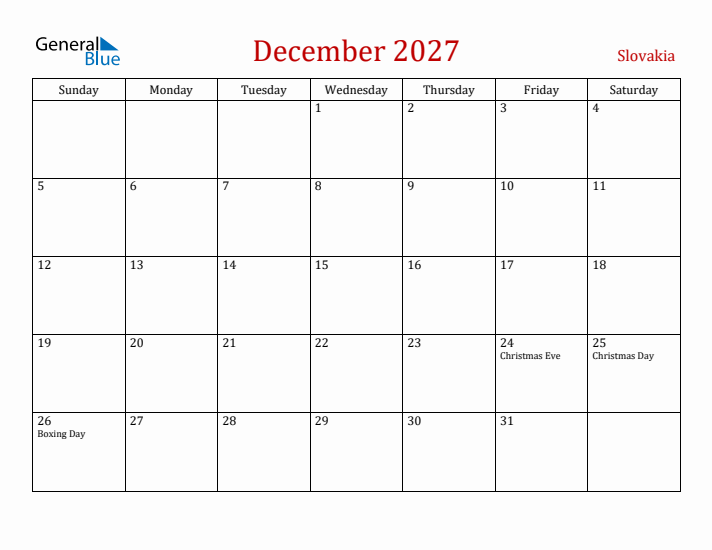 Slovakia December 2027 Calendar - Sunday Start