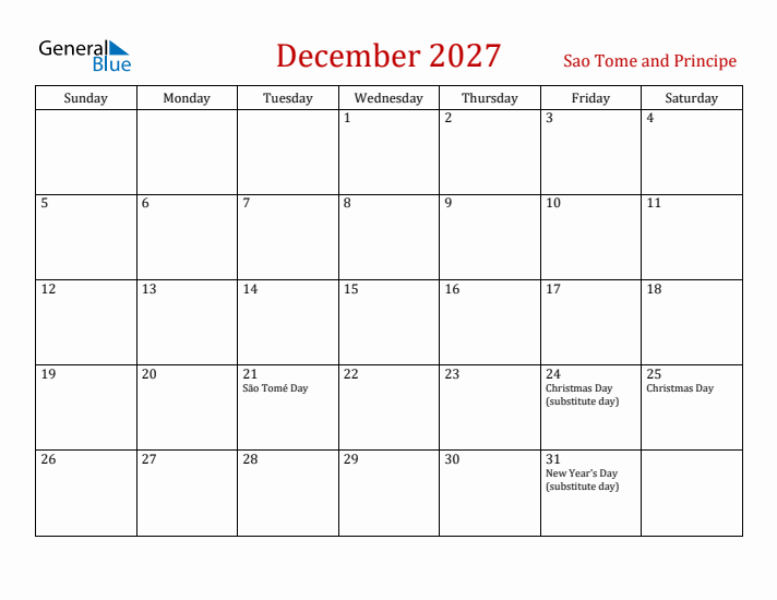 Sao Tome and Principe December 2027 Calendar - Sunday Start