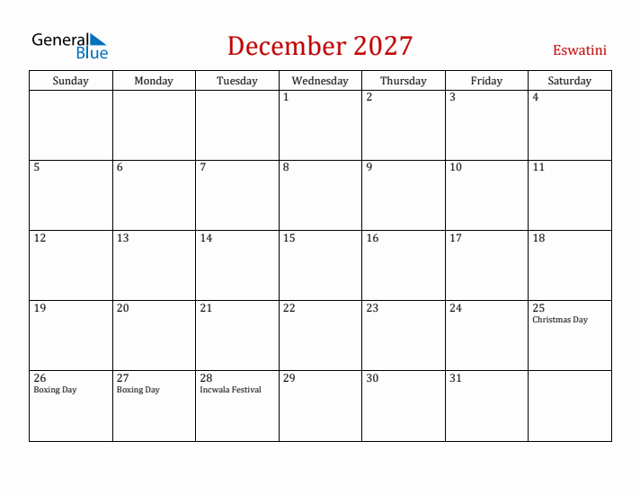 Eswatini December 2027 Calendar - Sunday Start