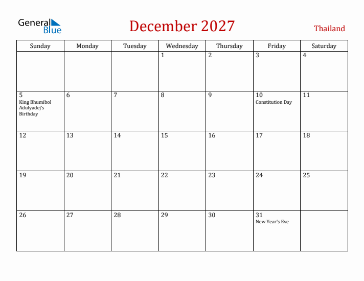 Thailand December 2027 Calendar - Sunday Start