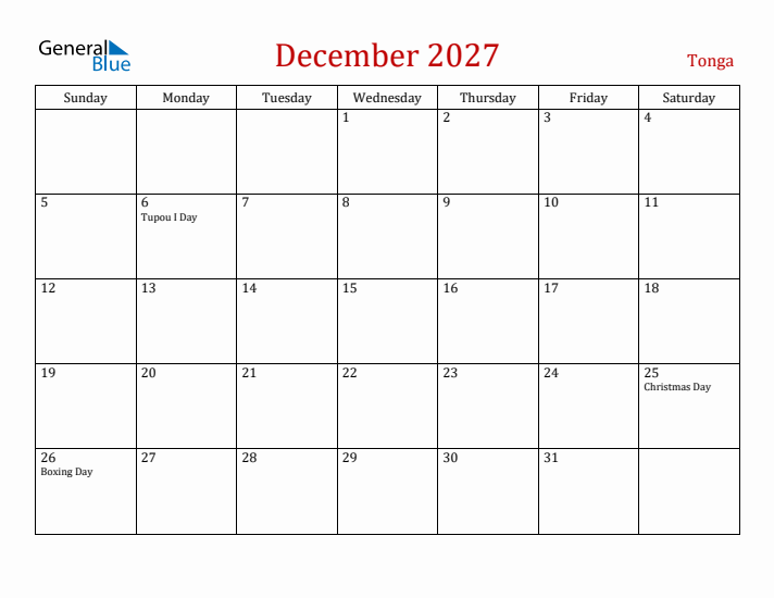 Tonga December 2027 Calendar - Sunday Start