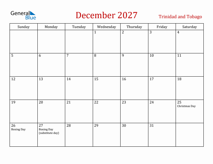 Trinidad and Tobago December 2027 Calendar - Sunday Start