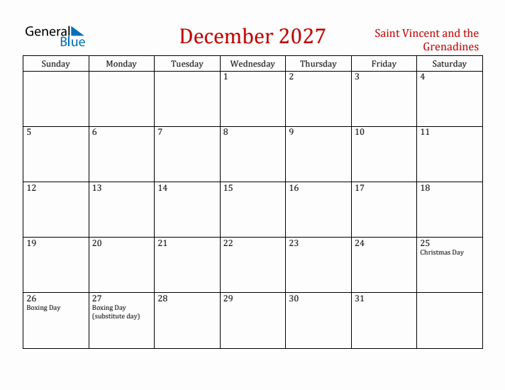 Saint Vincent and the Grenadines December 2027 Calendar - Sunday Start