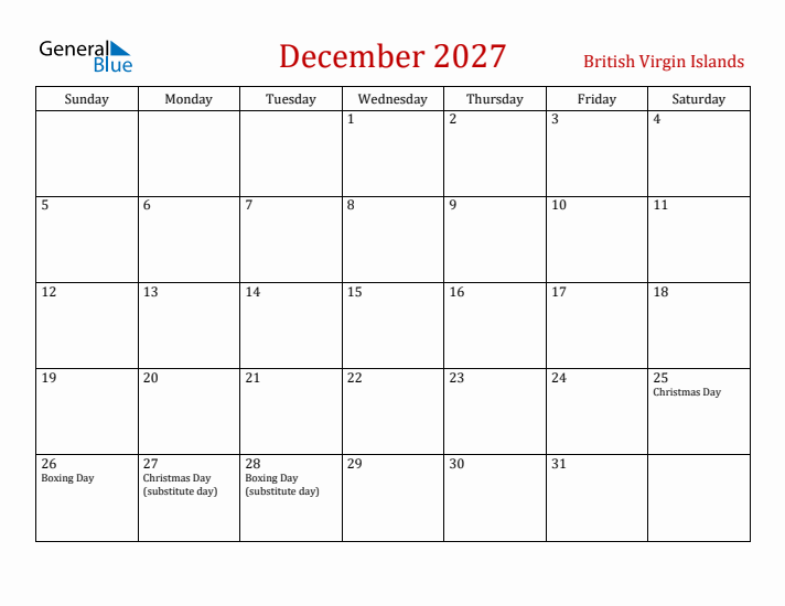 British Virgin Islands December 2027 Calendar - Sunday Start