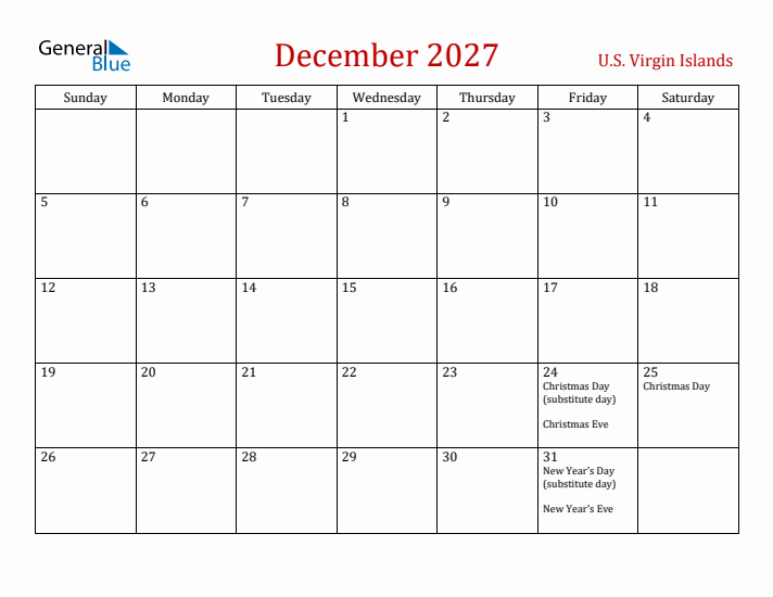 U.S. Virgin Islands December 2027 Calendar - Sunday Start
