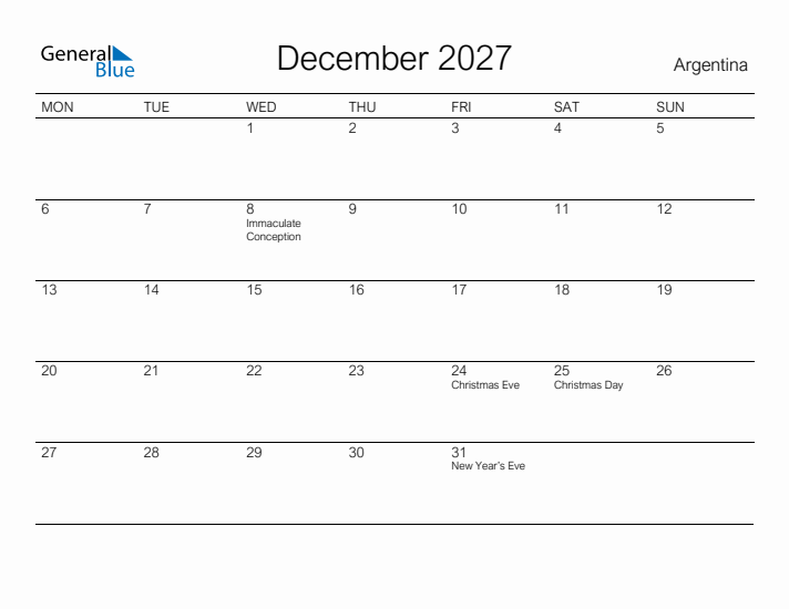 Printable December 2027 Calendar for Argentina