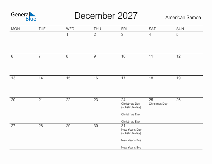 Printable December 2027 Calendar for American Samoa