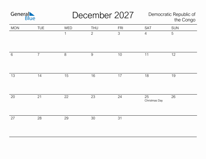 Printable December 2027 Calendar for Democratic Republic of the Congo