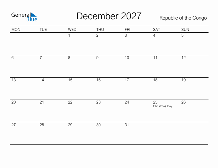 Printable December 2027 Calendar for Republic of the Congo