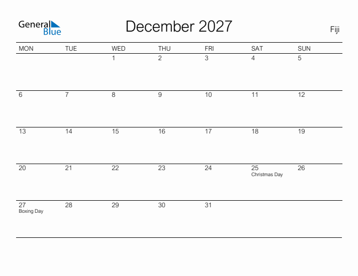 Printable December 2027 Calendar for Fiji