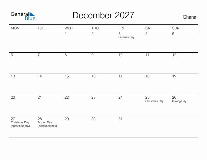 Printable December 2027 Calendar for Ghana
