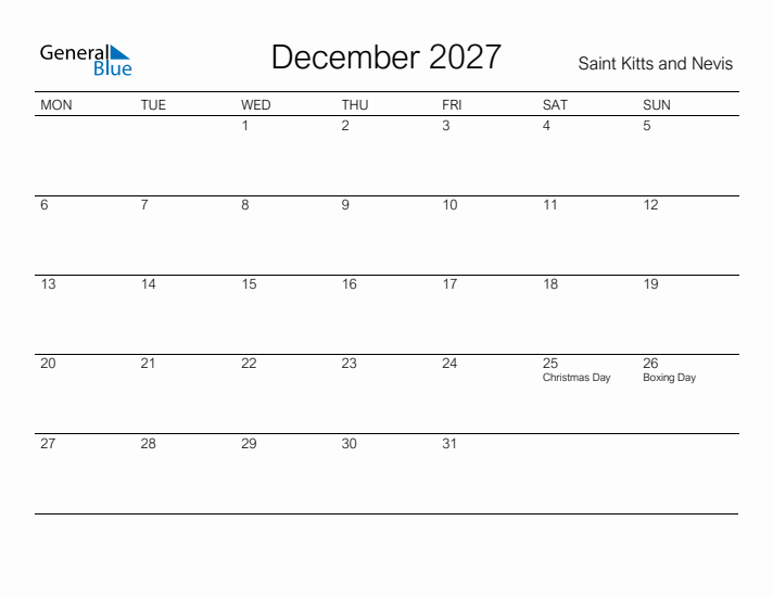 Printable December 2027 Calendar for Saint Kitts and Nevis