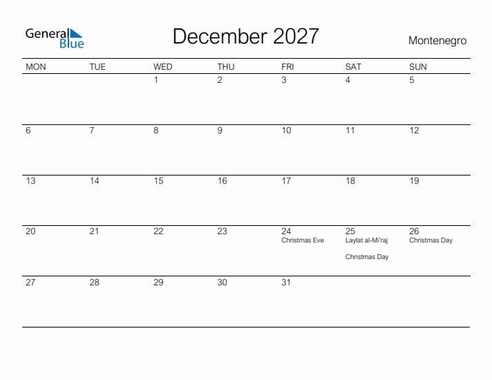 Printable December 2027 Calendar for Montenegro