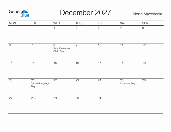 Printable December 2027 Calendar for North Macedonia
