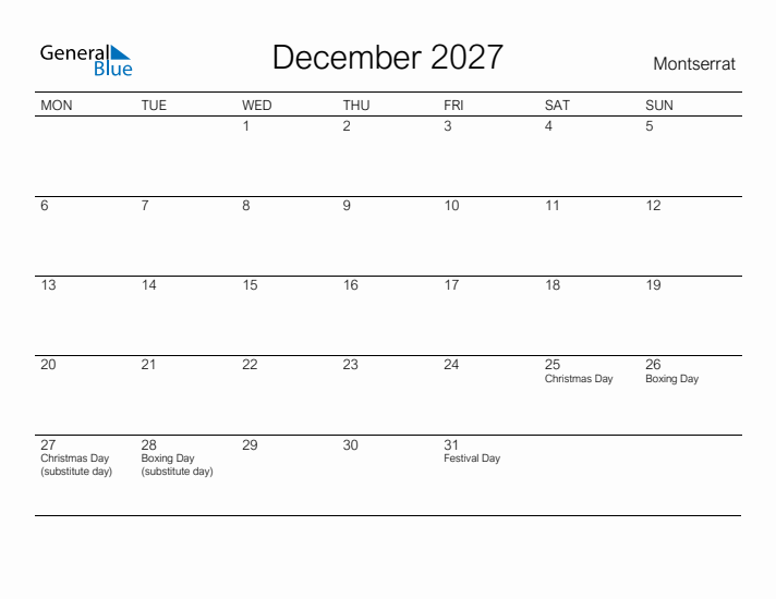 Printable December 2027 Calendar for Montserrat