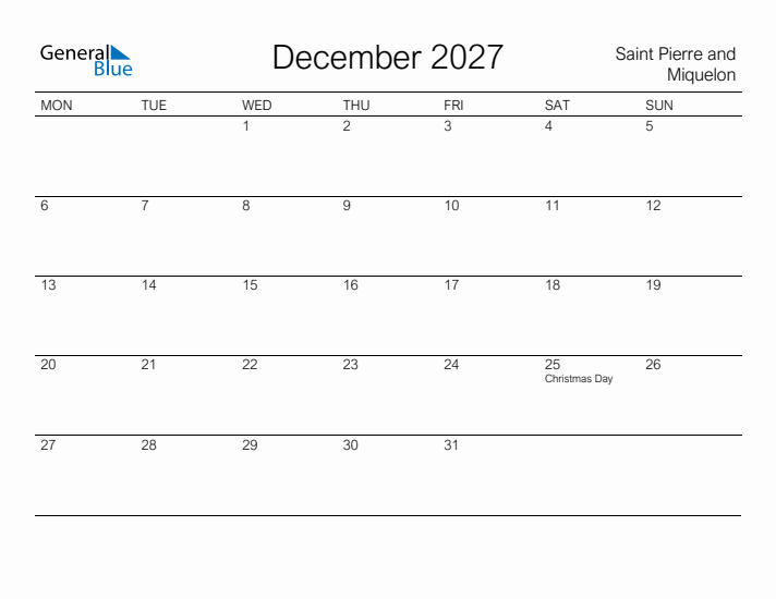 Printable December 2027 Calendar for Saint Pierre and Miquelon