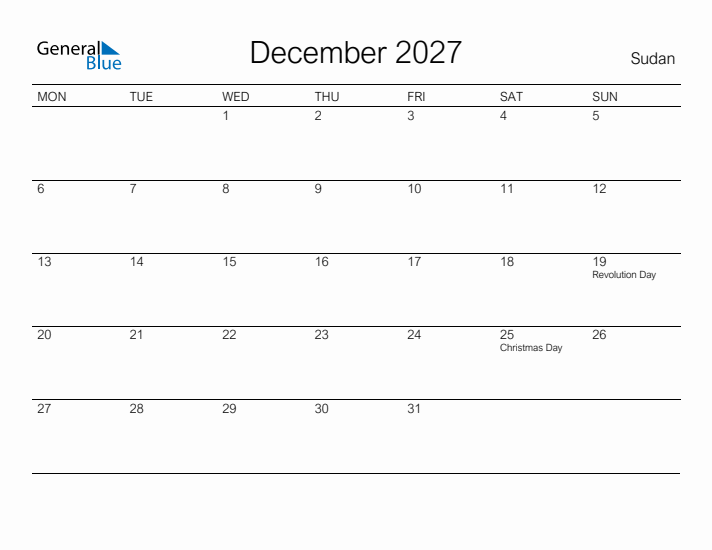 Printable December 2027 Calendar for Sudan