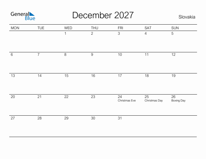 Printable December 2027 Calendar for Slovakia