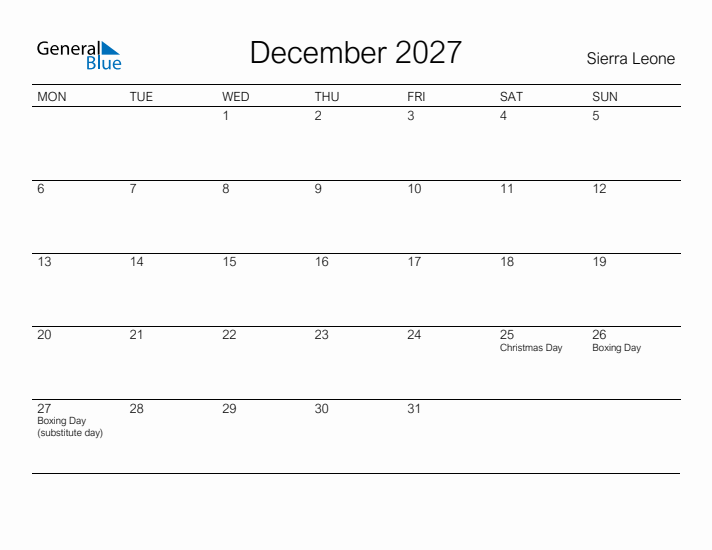 Printable December 2027 Calendar for Sierra Leone