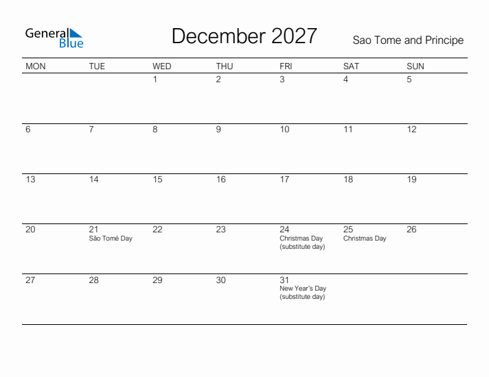 Printable December 2027 Calendar for Sao Tome and Principe