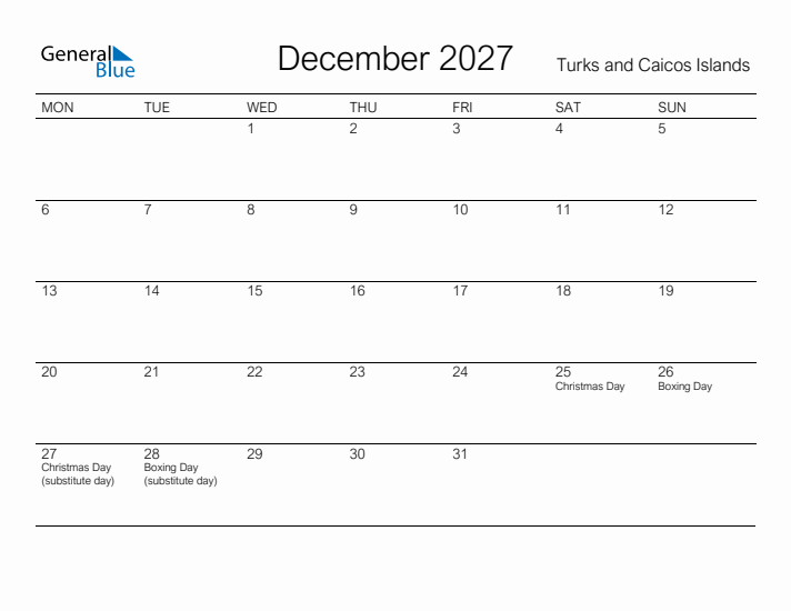 Printable December 2027 Calendar for Turks and Caicos Islands
