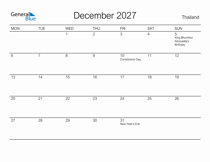 Printable December 2027 Calendar for Thailand