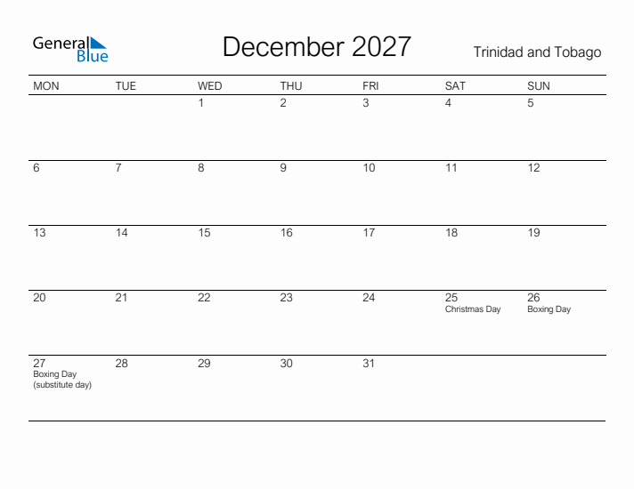 Printable December 2027 Calendar for Trinidad and Tobago