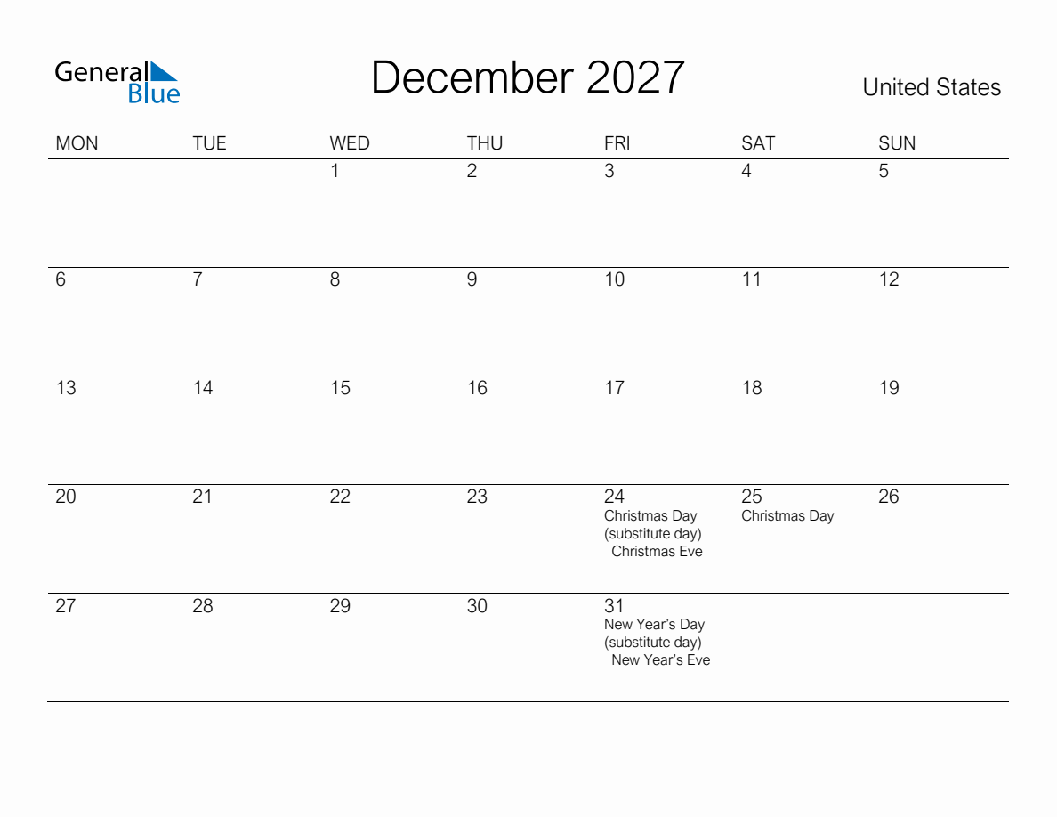 Printable December 2027 Monthly Calendar with Holidays for United ...