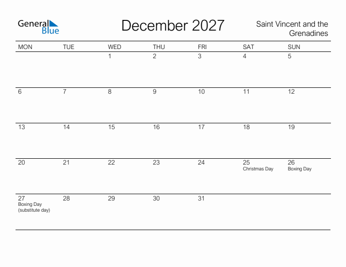 Printable December 2027 Calendar for Saint Vincent and the Grenadines