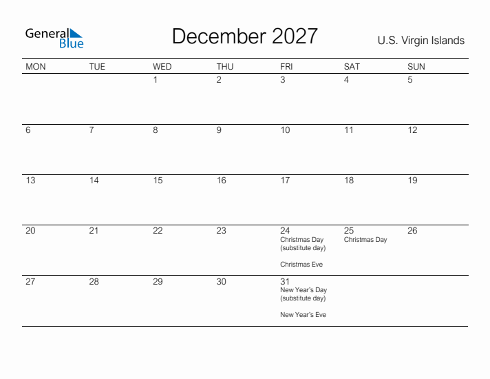 Printable December 2027 Calendar for U.S. Virgin Islands