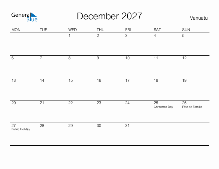 Printable December 2027 Calendar for Vanuatu