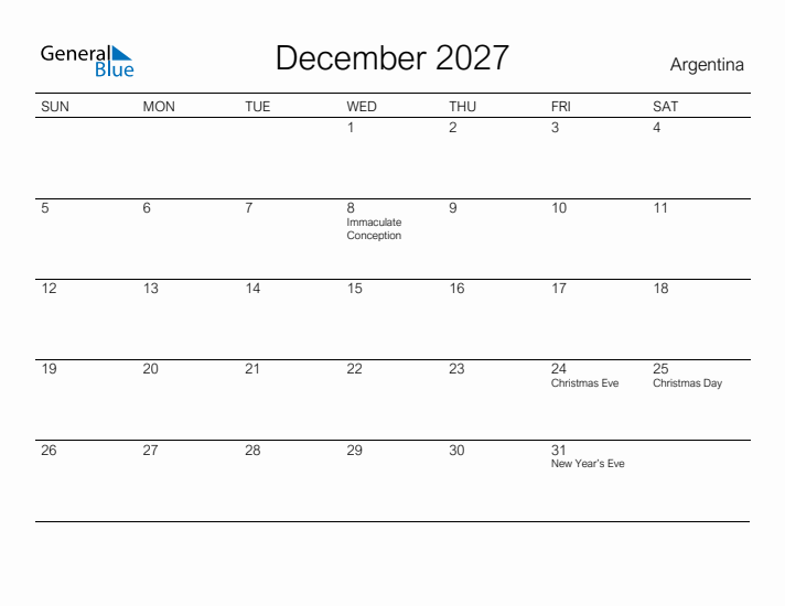 Printable December 2027 Calendar for Argentina