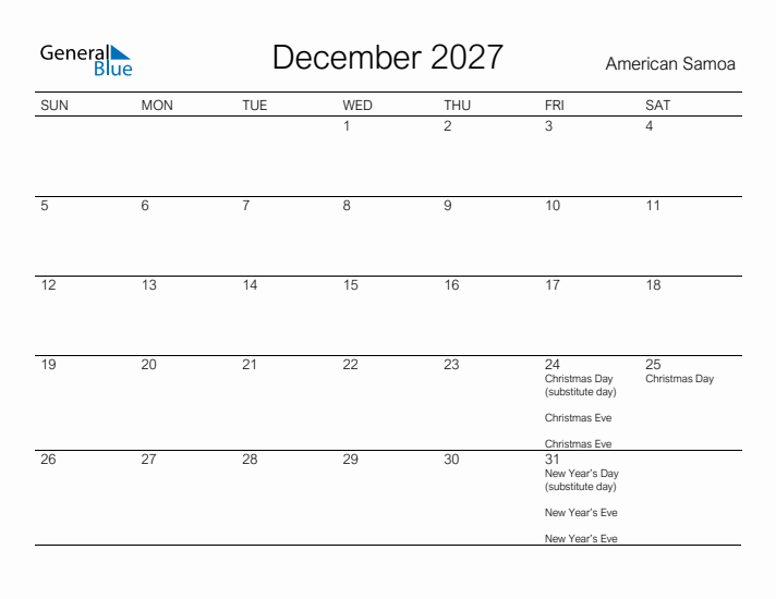 Printable December 2027 Calendar for American Samoa