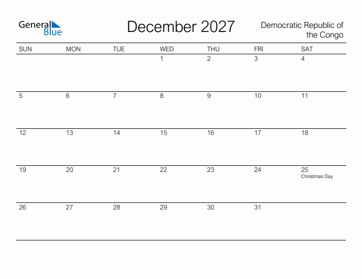 Printable December 2027 Calendar for Democratic Republic of the Congo