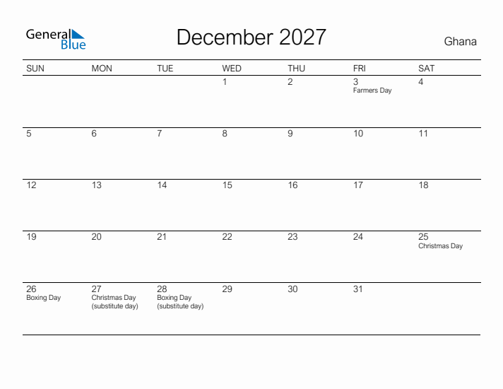 Printable December 2027 Calendar for Ghana