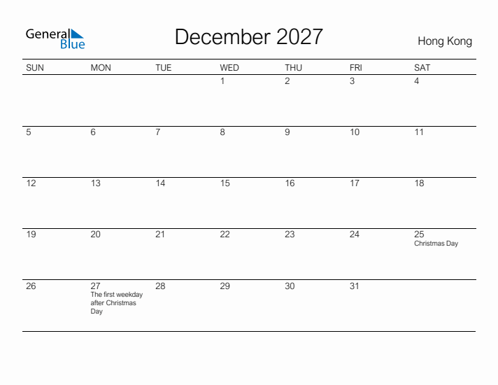 Printable December 2027 Calendar for Hong Kong
