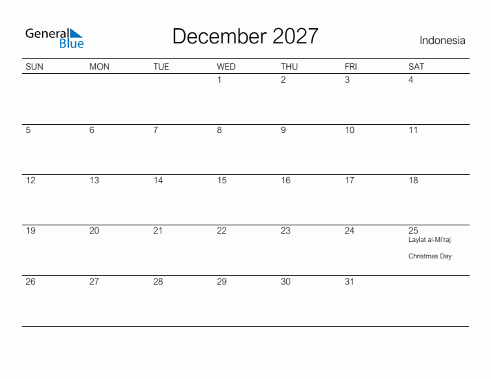 Printable December 2027 Calendar for Indonesia
