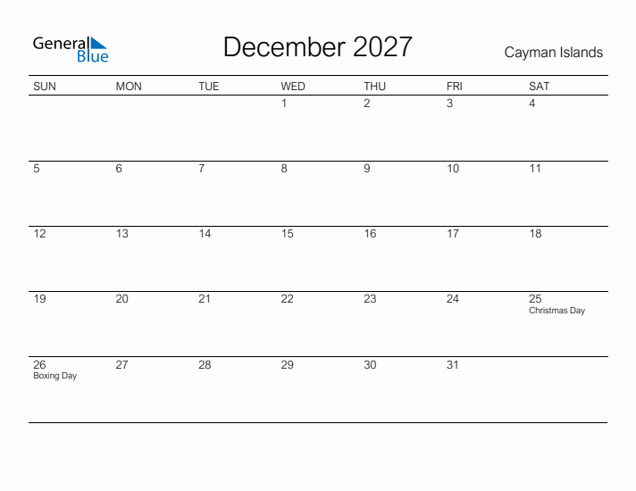 Printable December 2027 Calendar for Cayman Islands