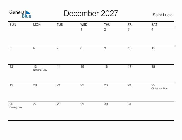 Printable December 2027 Calendar for Saint Lucia