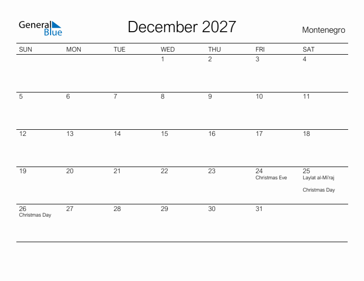Printable December 2027 Calendar for Montenegro
