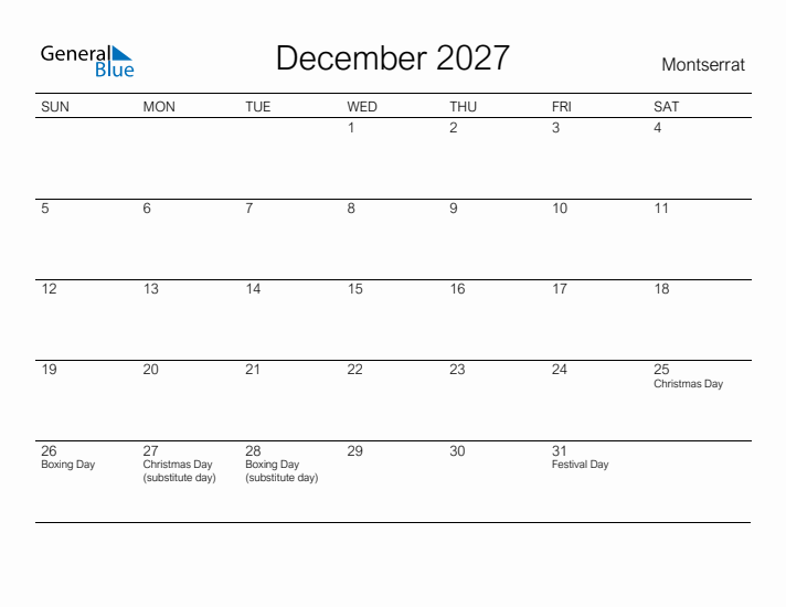 Printable December 2027 Calendar for Montserrat