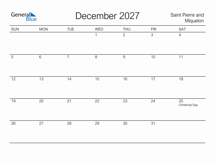 Printable December 2027 Calendar for Saint Pierre and Miquelon