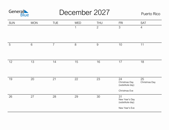 Printable December 2027 Calendar for Puerto Rico