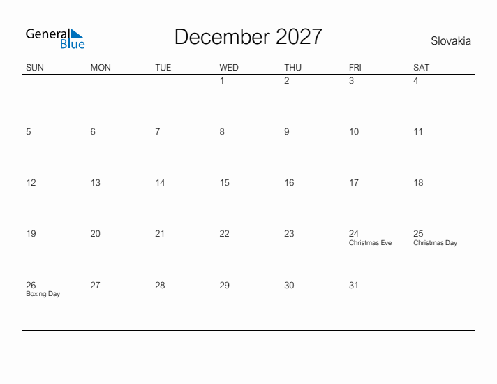 Printable December 2027 Calendar for Slovakia