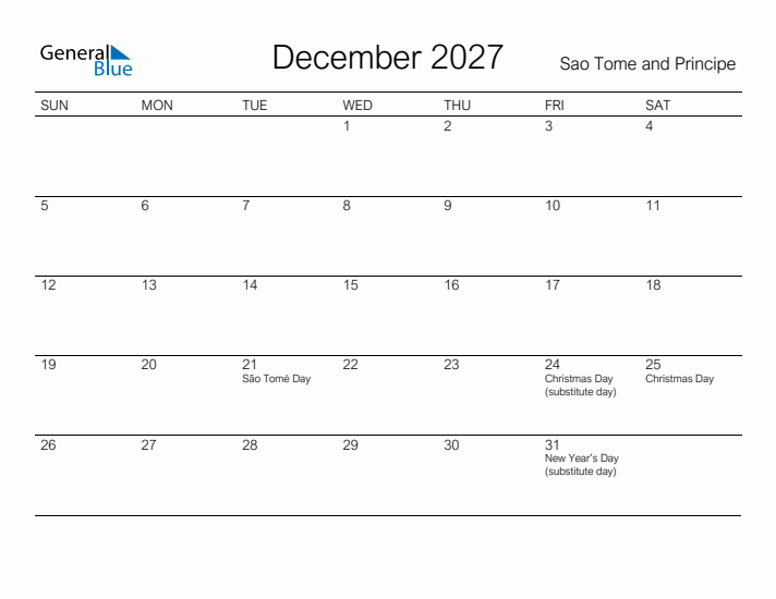 Printable December 2027 Calendar for Sao Tome and Principe
